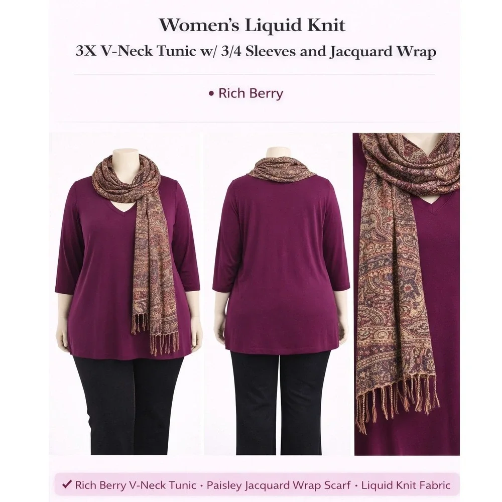 Susan Graver Liquid Knit V-Neck Tunic‎ and Paisley Scarf Set Berry 3X A236800